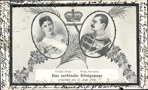 Ak Serbisches Königspaar, ermordet 1903, Königin Draga, König Alexander, Portrait