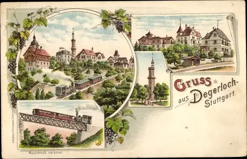 Litho Degerloch Stuttgart in Württemberg, Auffahrt der Zahnradbahn, Turm, Brücke