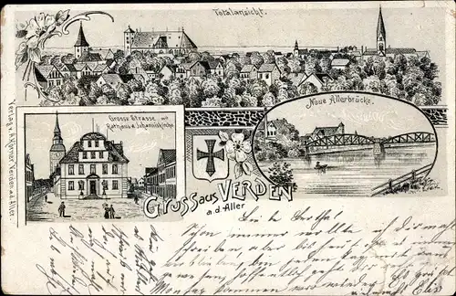Litho Verden an der Aller, Gesamtansicht, Große Straße, Rathaus, Johanniskirche, Allerbrücke