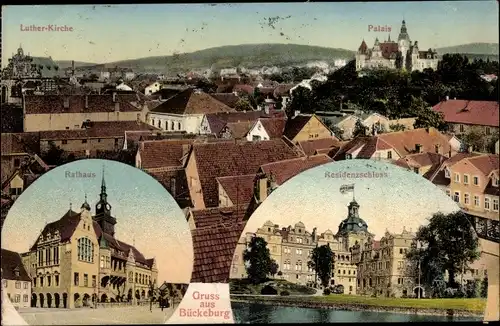 Ak Bückeburg im Kreis Schaumburg, Panorama mit Palais und Lutherkirche, Rathaus, Residenzschloss