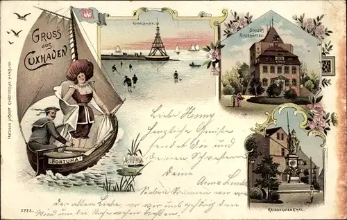 Litho Nordseebad Cuxhaven, Kugelbaake, Ritzebüttel, Kriegerdenkmal, Segelboot Fortuna