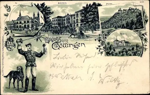 Studentika Litho Göttingen in Niedersachsen, Rathaus, Auditorium, Plesse, Rohns, Student mit Hund