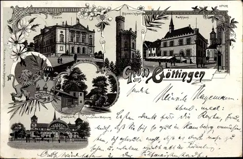 Litho Göttingen in Niedersachsen, Rathaus, Bismarckturm, Theater, Stadtpark