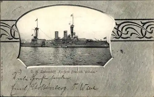 Passepartout Ak Deutsches Kriegsschiff, SMS Kurfürst Friedrich Wilhelm, Linienschiff