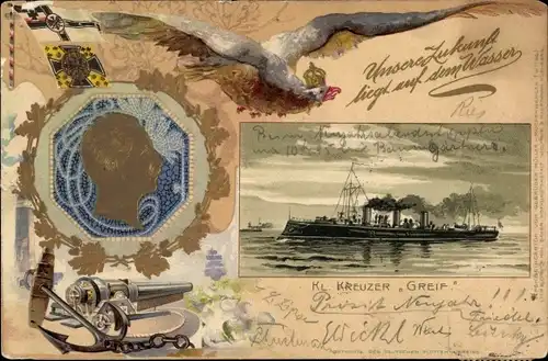 Präge Passepartout Litho Deutsches Kriegsschiff, Kleiner Kreuzer Greif, Kaiser Wilhelm II.