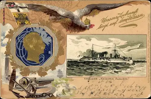 Präge Passepartout Litho Deutsches Kriegsschiff, SMS Kaiserin Augusta, Kaiser Wilhelm II.