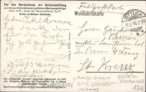 Künstler Ak Schultz, Deutsches Kriegsschiff, SMS Emden, Golf von Bengalen, Schlachtszene, I WK