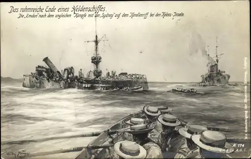 Künstler Ak Stöwer, Willy, Deutsches Kriegsschiff, SMS Emden sinkt, Besatzung im Rettungsboot