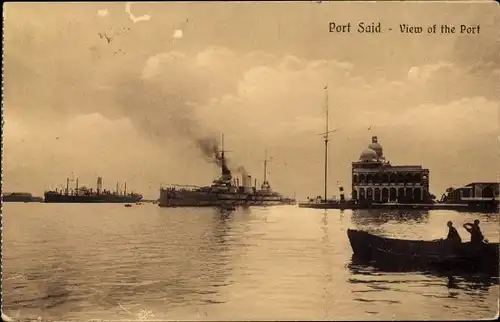 Ak Port Said Ägypten,Hafenpartie mit Kriegsschiff, SMS Goeben