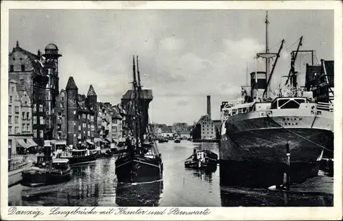 Ak Gdańsk Danzig, Langebrücke m. Krantor, Dampfer Orla II