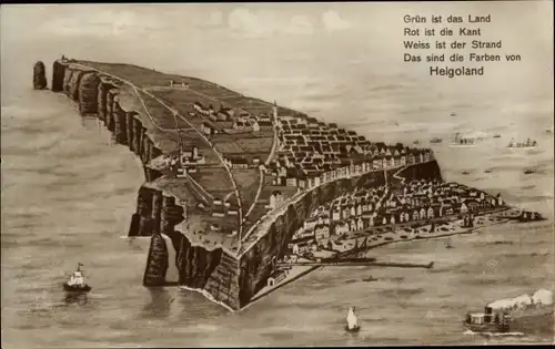 Ak Nordseeinsel Helgoland, Gesamtansicht, Grün ist das Land, Rot ist die Kant...