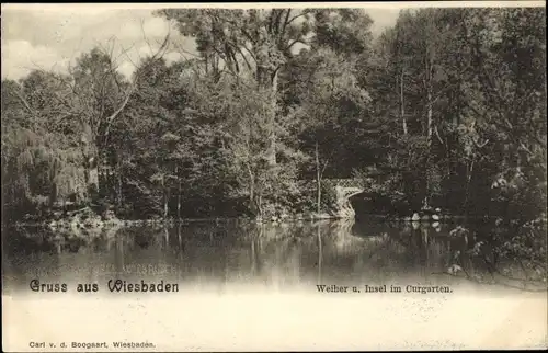Ak Wiesbaden Hessen, Weiher, Insel, Kurgarten