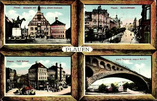 Ak Plauen im Vogtland, Altmarkt, König Albert Denkmal, Bahnhofstraße, Cafe Trömel