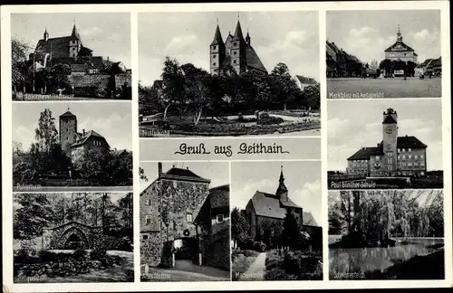 Ak Geithain in Sachsen, Nicolaikirche mit Stadtmauer, Pulverturm, Schule, Jugendherberge, Heilquelle