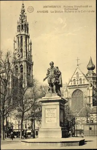 Ak Antwerpen Antwerpen Flandern, Rubensdenkmal, Kathedrale