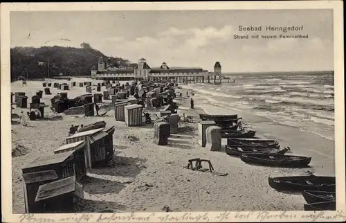 Ak Ostseebad Heringsdorf auf Usedom, Strand, neues Familienbad, Strandkörbe, Boote