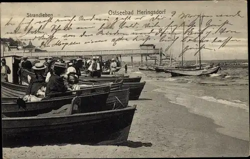 Ak Ostseebad Heringsdorf auf Usedom, Strandleben, Strandkörbe, Boote