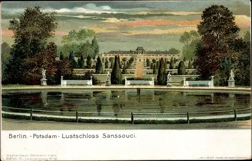 Litho Potsdam, Lustschloss Sanssouci mit Wasserbecken