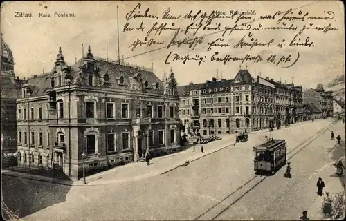 Ak Zittau in Sachsen, Hotel Reichshof, Straßenbahn