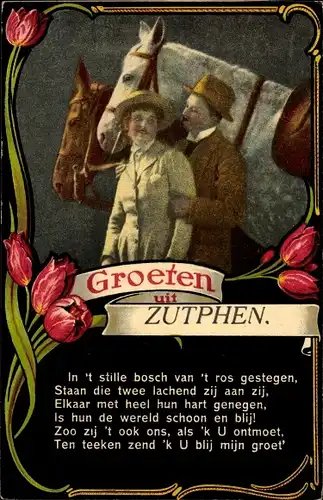 Gedicht Passepartout Ak Zutphen Gelderland, Grüße aus, Liebespaar mit Pferden