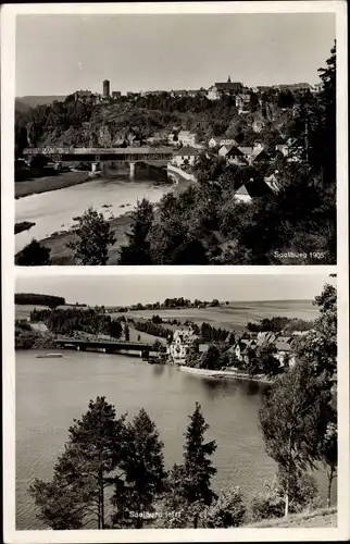 Ak Saalburg Ebersdorf in Thüringen, alte und neue Ansicht vom Ort, Panorama, Fluss