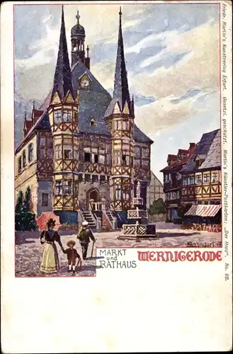 Künstler Ak Bahndorf, Wernigerode am Harz, Markt, Rathaus