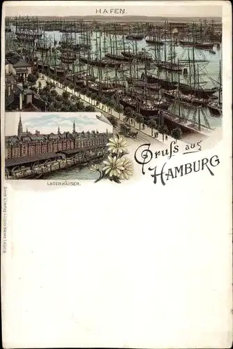 Litho Hamburg Mitte Altstadt, Hafenpartie, Lagerhäuser, Segelschiffe