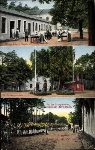 Ak Zeithain in Sachsen, Truppenübungsplatz, König Albert Straße, Einbringen der Fahnen, Hauptwache