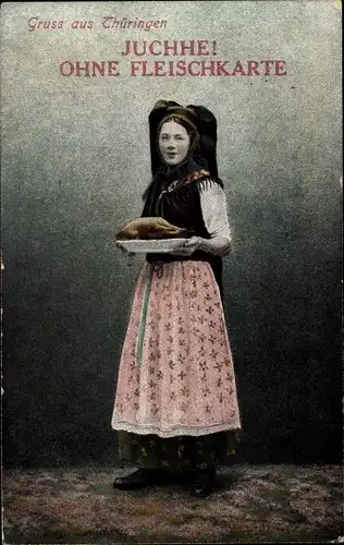 Ak Gruß aus Thüringen, Frau in Tracht mit leckerer Speise