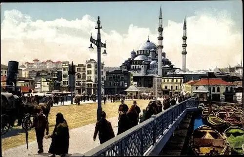 Ak Konstantinopel Istanbul Türkiye, Die neue Brücke, Jeni-Djami-Moschee