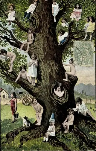 Ak Kinder auf einem Baum, Fotomontage