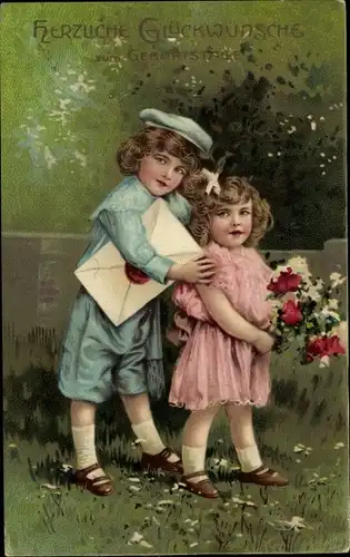 Ak Glückwunsch Geburtstag, Kinder, Gratulanten, Blumenstrauß