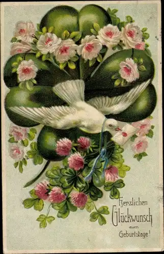 Präge Ak Glückwunsch Geburtstag, Taube, Glücksklee, Rosen