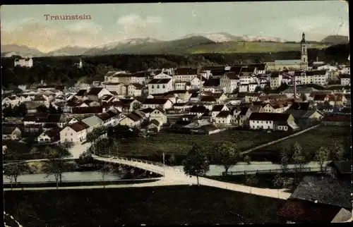 Ak Traunstein in Oberbayern, Panorama, Brücke