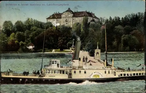 Ak Insel Mainau im Bodensee, Schloss mit Landungsplatz, Salondampfer Stadt Meersburg