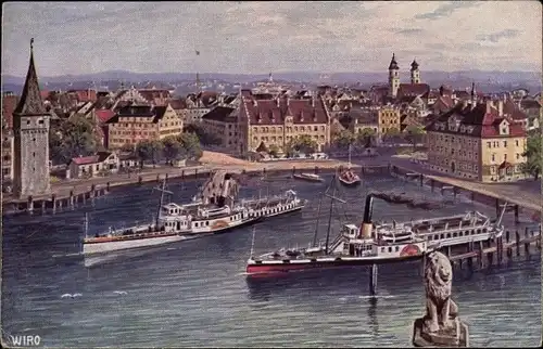 Künstler Ak Lindau am Bodensee Schwaben, Hafen, Dampfer, Löwe
