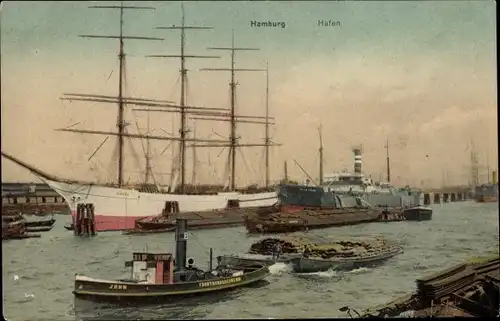Ak Hamburg, Hafen, Segelschiff, Dampfer, Schlepper