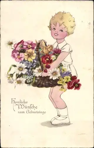 Ak Glückwunsch Geburtstag, Kind mit Blumenkorb