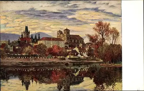 Künstler Ak Maly, V., Litoměřice Leitmeritz Region Aussig, Panorama, Fluss, Kirche