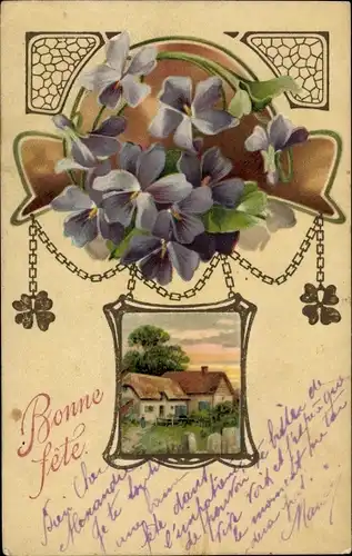 Präge Ak Glückwunsch, Glücksklee, Veilchen, Wohnhaus