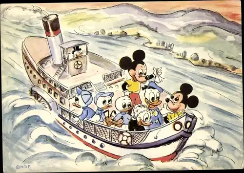 Künstler Ak Walt Disney, Mickey Maus, Donald Duck, Dagobert Duck, Dampfer