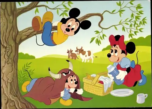 Künstler Ak Walt Disney, Mickey Maus und Minnie, Picknick