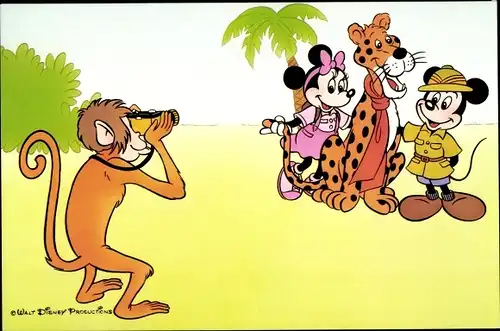 Künstler Ak Walt Disney, Affe fotografiert Mickey und Minnie Maus mit Leopard