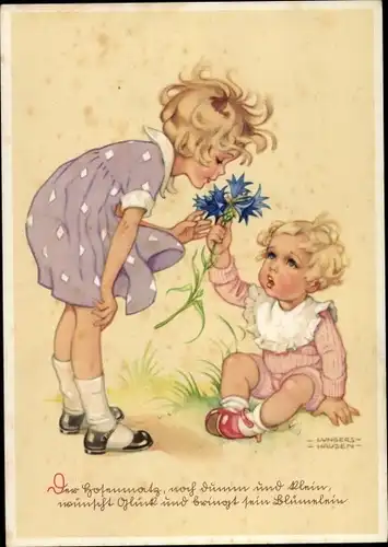 Künstler Ak Lungershausen, Ilse Wende, blaue Blume, zwei Mädchen