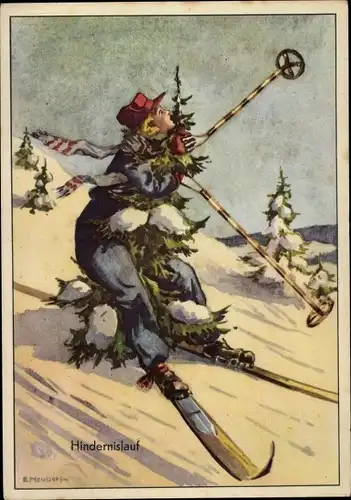 Künstler Ak Neubert, Hindernislauf, Skifahrer ist gegen einen Baum gefahren