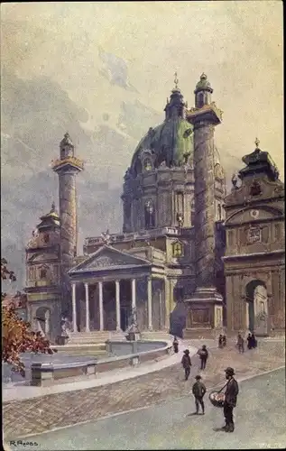 Künstler Ak R. Reuss, Wien Wieden, Karlskirche, Passanten