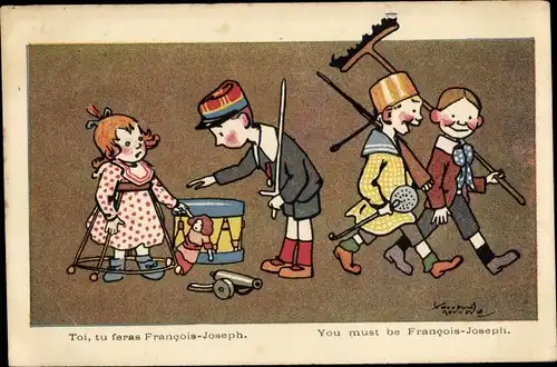 Künstler Ak Kinder, Trommel, Spielzeuge, Besen, Krieg