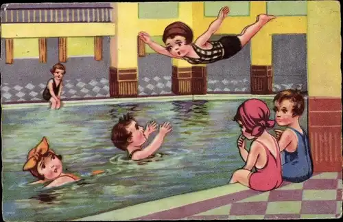 Ak Kinder im Wasser, Schwimmbad, Sprung, Bademode