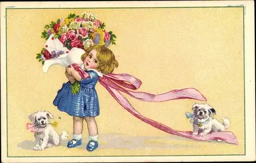 Ak Mädchen mit Blumenstrauß, Portrait, Rosen, Hunde