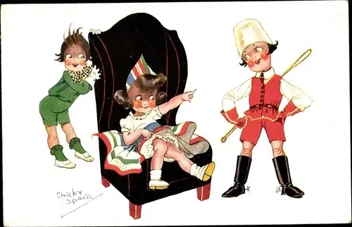 Künstler Ak Spark, C., Kinder, Spiel, Sessel, Mädchen als Herrscherin